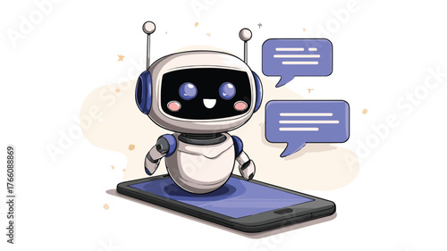 Interactive Chatbot Emerging From Smartphone Screen with Messaging Bubbles