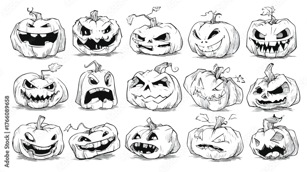 Fototapeta premium Spooky Halloween Pumpkin Characters Collection Set for Designs