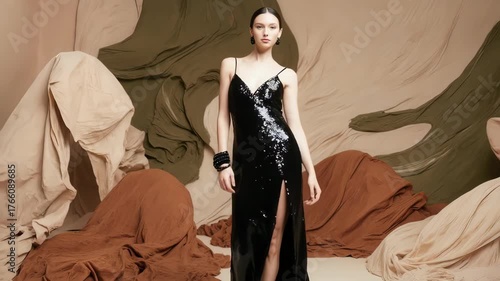 A model in a shimmering black dress gracefully poses, embodying sophistication amidst artful drapery. 