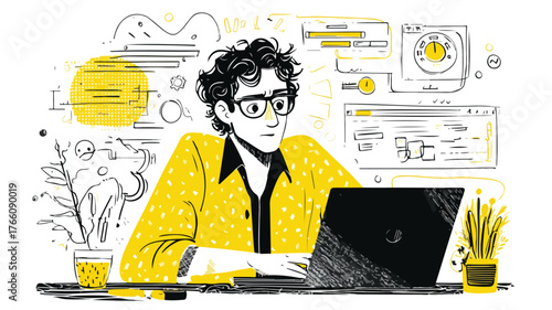 Professional Young Man Programming at Home Behind Laptop Vector