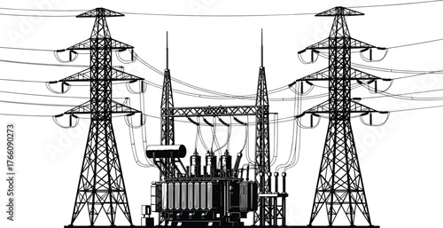 Silhouette vector illustration, electrical substation with transmission towers, transformers, power lines, electricity grid, energy infrastructure, industrial engineering design