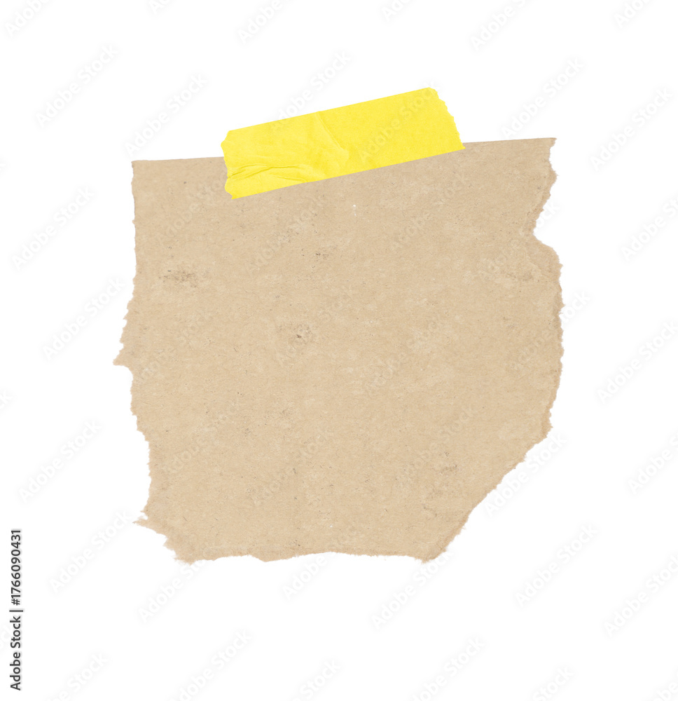 Fototapeta premium Torn brown cardboard paper piece with tape isolated on a white background, textured ripped note for craft design and message mockup