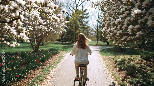 Person Cycling Slowly Through Blooming Park on Peaceful Spring Day