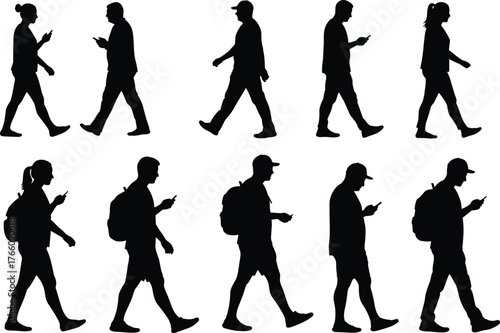 Silhouette vector illustration, people walking with smartphones, urban lifestyle, technology addiction, distracted walking, modern society, gadget use, business concept design