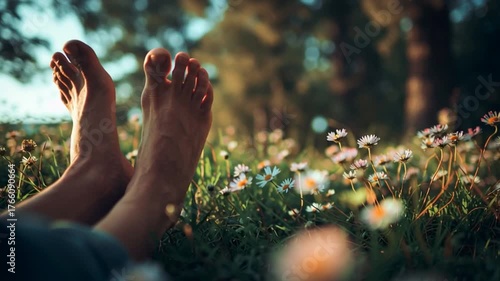 Person Barefoot on Grass Stretching in Calm Spring Morning