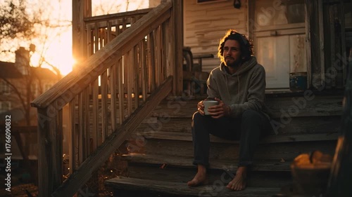 Man Sitting Barefoot on Wooden Steps Drinking Coffee at Spring Sunrise