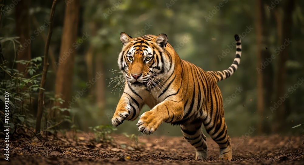 Fototapeta premium Majestic bengal tiger leaping through the heart of a vibrant forest landscape prowling and powerful