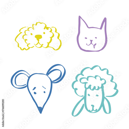 Colorful doodles of cute animals. Vector illustrations in a childlike style.
