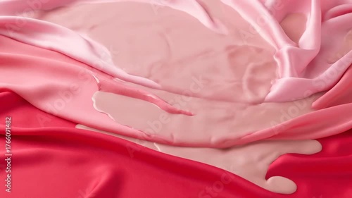 Pink liquid pouring onto luxurious pink silk fabric creating ripples and waves.