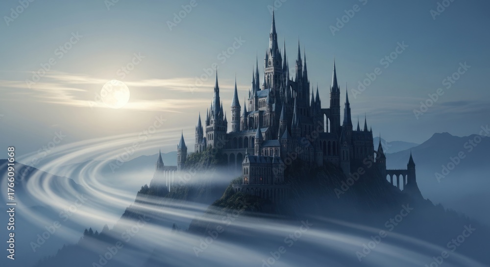 Naklejka premium Majestic Gothic Fantasy Castle on a Mountain Peak, Illuminated by a Glowing Moon and Swirling Ethereal Mist at Night
