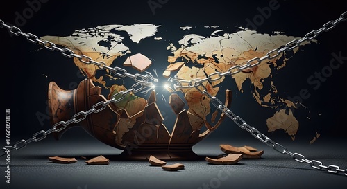 Global cultural heritage shattering on a world map, bound by heavy chains, reflecting the struggle against illicit artifact trade and destruction.