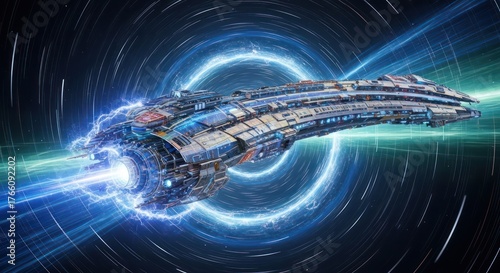 Fototapeta Naklejka Na Ścianę i Meble -  Spectacular interstellar spaceship navigating a shimmering wormhole in deep space