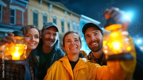 Tourists on ghost tour with lanterns at night, historic buildings and mystery, curiosity and fun, adventure storytelling, cultural experience, Halloween vibe, thrilling atmosphere,