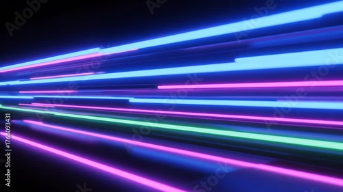 Abstract Neon Light Trails in Dark Space Futuristic Speed Motion Background.