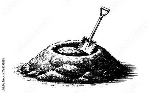 a shovel stuck upright in a mound of dirt, symbolizing gardening, labor, and outdoor work themes.
