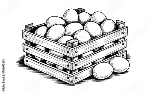 a wooden crate packed with eggs, with two eggs placed outside, representing farming and natural food.