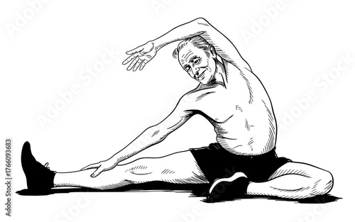 an older man performing a stretch, reaching toward his foot with one arm and extending the other overhead.