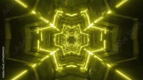 Abstract Yellow Neon Light Tunnel Perspective Futuristic Background.