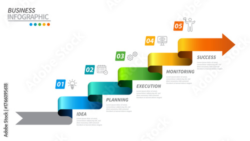 Business Arrow Infographic Timeline with Five Gradient Ribbon Steps for Idea Planning and Success