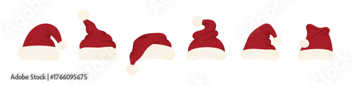 Set of Santa hats in different shapes. Christmas holiday headwear with white fur trim and pompom. Festive New Year decoration element. Flat vector illustration isolated on white background.