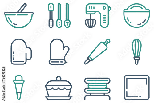 Set of baking and cooking icons kitchen utensils and tools in minimalist style vector illustration for culinary design and infographics