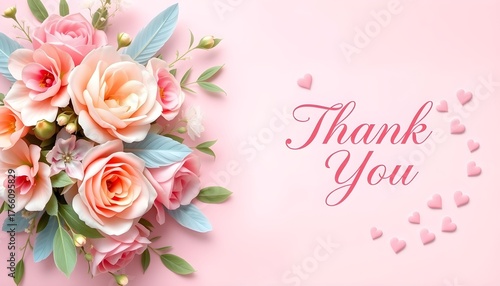Thank you card with pink roses and small hearts on a pink background.