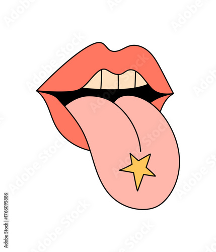 Groovy pop cartoon sticker face in retro style with a yellow star. Funky party and smiley comic motif, pink tongue and playful groovy element, ideal for y2k or trendy design concepts.
