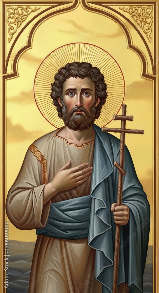 Naklejka premium Andrew the First-Called: apostolic path, holy follower, divine servant, spiritual leader, christian herald, sacred witness, heavenly envoy, revered disciple, faithful preacher, holy mission.