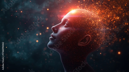 Abstract 3D Render of a Human Profile with Data Streams, Neural Networks, and Glowing Light Particles Representing the Fusion of Humanity and Technology