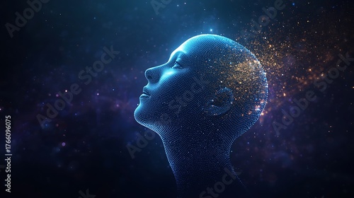 Abstract 3D Render of a Human Profile with Data Streams, Neural Networks, and Glowing Light Particles Representing the Fusion of Humanity and Technology