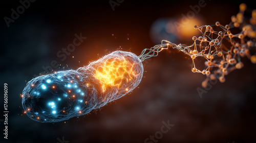 Mitochondrial rejuvenation, visualizing an old mitochondrion being recharged and revitalized by NAD+.