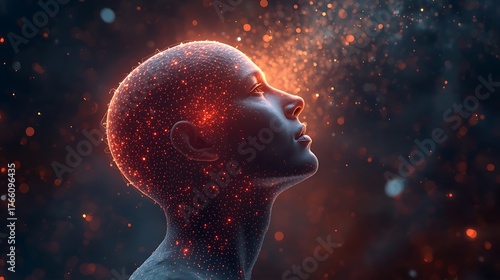 Digital Art Portrait of an Abstract Human Head — Artificial Intelligence Concept, Neural Network Visualization, Data Flow and Technology Innovation Symbolizing Machine Learning, Cyber Mind