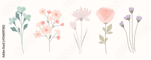 Modern hand-drawn set of pastel spring flowers. Isolated minimalist vector bouquet collection for botanical design, greeting cards, packaging, wedding decor, fabric prints, branding, and posters.
