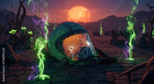 Wallpaper Mural Wasteland Relic: Shattered Visor Reflecting a Harsh Sunrise in an Apocalyptic Landscape Torontodigital.ca