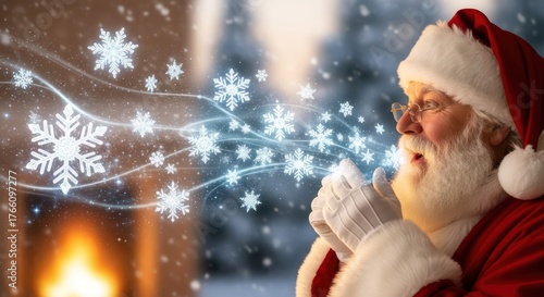 Santa's enchanting breath creating a winter wonderland of snowflakes near fireplace atmosphere
