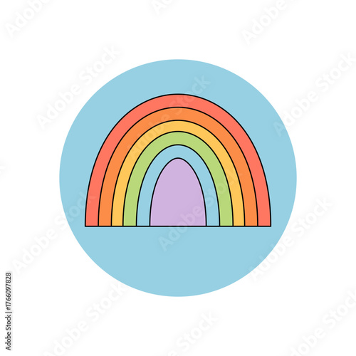 Groovy retro rainbow sticker lid in a circle shape with flat colorful style. Music seal and y2k package accent for pop or trendy product, brings playful element and creative vibe to branding.