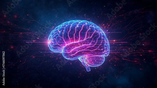 Abstract 3D Render of a Human Brain with Data Streams, Neural Networks, and Glowing Light Particles Representing the Fusion of Humanity and Technology