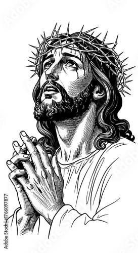 Detailed Black & White Jesus Christ Line Art, Upward Gaze, Closed Eyes, Crown of Thorns, Clasped Hands, Prayer
