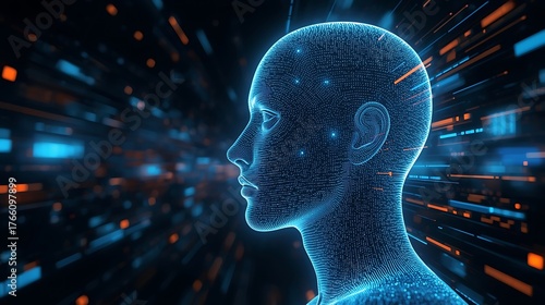 Abstract 3D Render of a Human Profile with Data Streams, Neural Networks, and Glowing Light Particles Representing the Fusion of Humanity and Technology