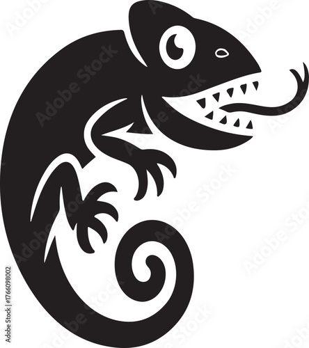 Black silhouette of a happy chameleon with its tongue sticking out white background