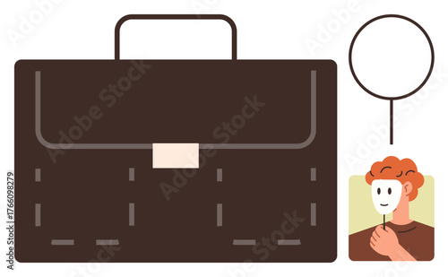 Brown briefcase beside magnifying glass and person holding a mask. Ideal for concepts thumbs up identity, career, investigation, professionalism, job search, mystery, ethics. Simple flat metaphor