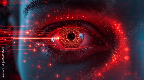 Futuristic Human Eye with Glowing red Cybernetic Iris and High-Technology Circuit Pattern Elements Representing Cybersecurity, Surveillance, Artificial Intelligence