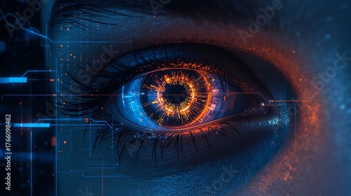 Futuristic Human Eye with Glowing Orange Cybernetic Iris and High-Technology Circuit Pattern Elements Representing Cybersecurity, Surveillance, Artificial Intelligence