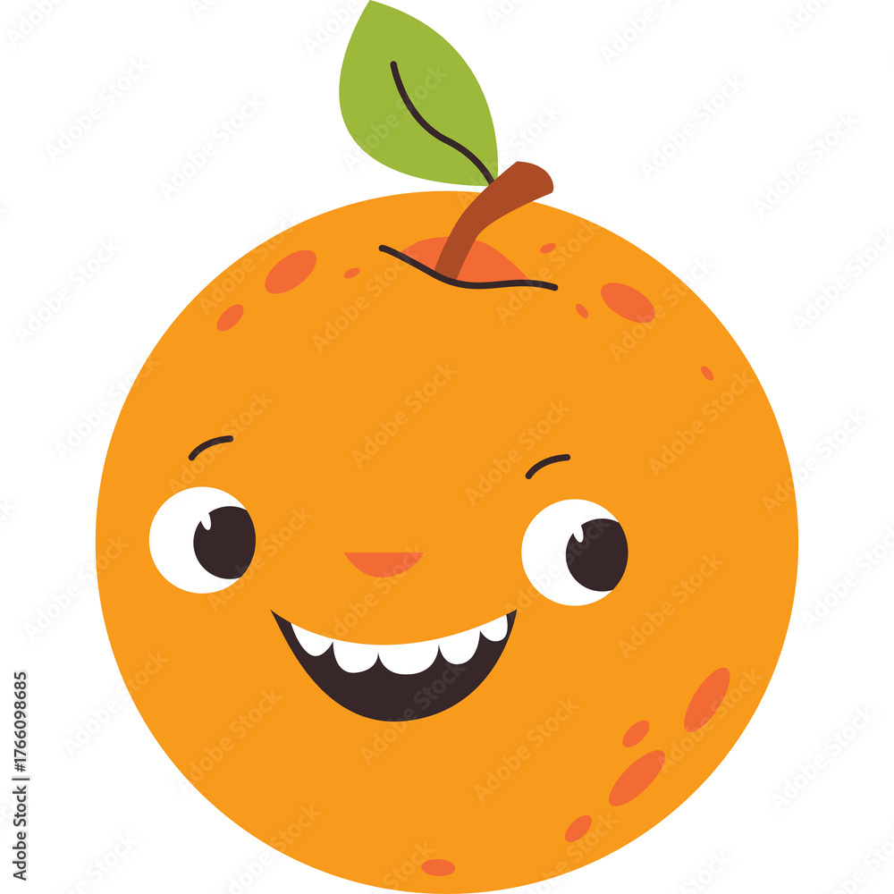 Fototapeta premium Cute cartoon orange with a happy face and a green leaf stem isolated on a transparent background