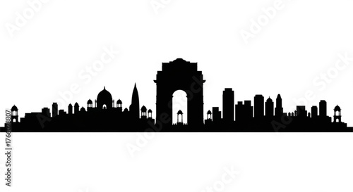 Silhouette of delhi skyline with india gate and various buildings against a white background view image