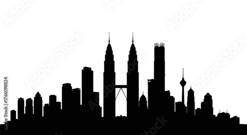 Silhouette of a city skyline with prominent towers and skyscrapers against a white background view image