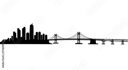 Silhouette of a city skyline with skyscrapers and a long bridge spanning across the horizon in black
