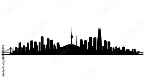 Silhouette of seoul skyline with namsan tower and lotte world tower against a white background view vector