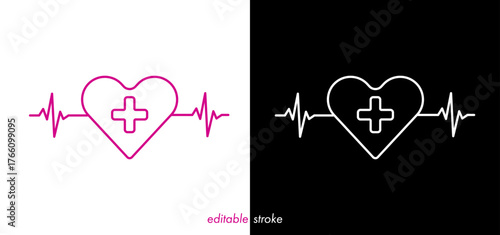 Editable stroke heart diagram with heart, cardiogram, medical cross set, heartbeat line vector design to use for healthcare, healthy lifestyle, medical laboratory, cardiology project.