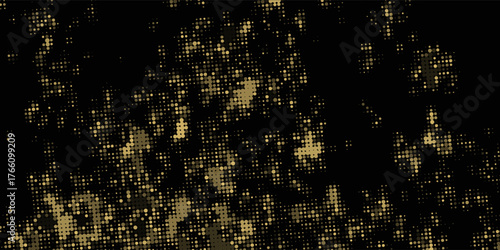 Abstract luxury banner with golden glittering dots on black background. Sparkling glitter bottom border, vector frame. Halftone effect. Magical gold dust. Pop art style backdrop.